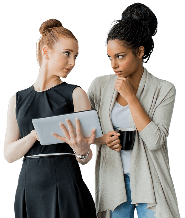 Two professionals collaborating with a tablet, representing Quezz Co’s expertise in website development services, UI/UX design, logo creation, social media management, and e‑commerce websites in Pakistan, alongside a FAQ section highlighting client support and global reach.